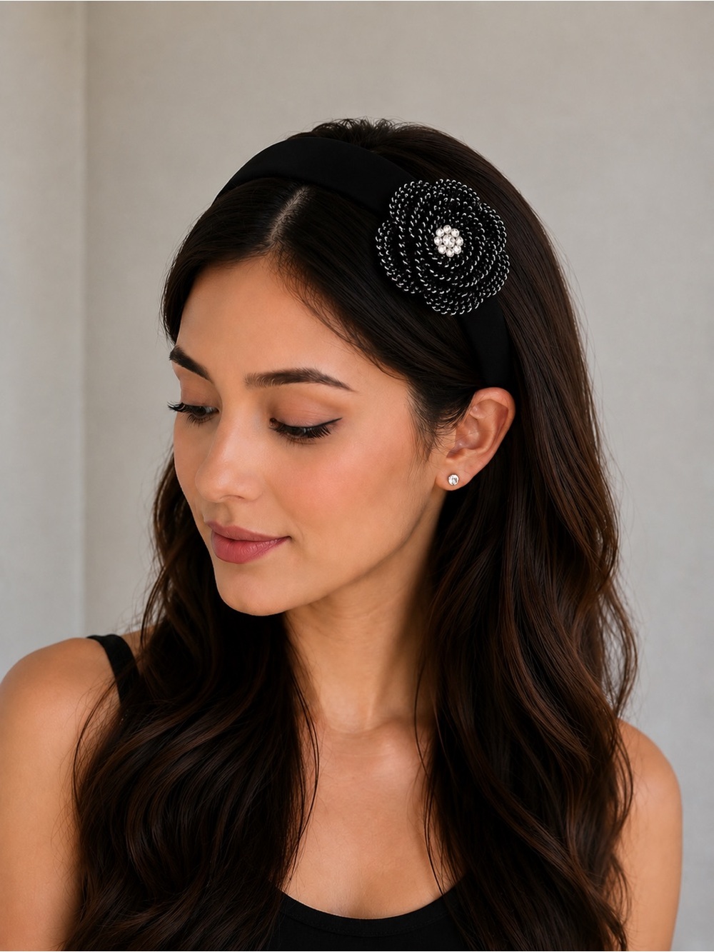 Black Beaded Floral Headband - Elegant Women's Accessory